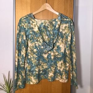 J Jill Watercolor Knit Hooded Pullover V-Neck Top